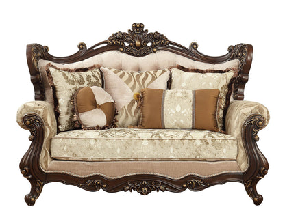 70" Beige and Brown And Brown Damask Loveseat and Toss Pillows - Loft&Timber