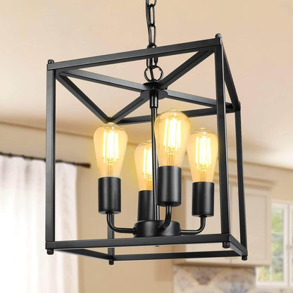 4-Light Black Farmhouse Chandelier, Iron Lantern Pendant Light Rustic Cage Adjustable Height, E26 Base Industrial Hanging Lights for Kitchen Island Dining Room Hallway Foyer Entryway - Loft&Timber