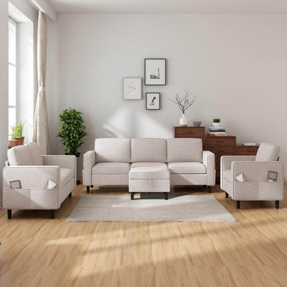 6 Seaters Sectional Upholstered Sofa, Linen Fabric Sofa Couch with Side Pockets, Free Combination Sofa Set with Movable Storage Ottoman, for Living Room-Sofa&Loveseat&Chair&Ottoman,Beige - Loft&Timber