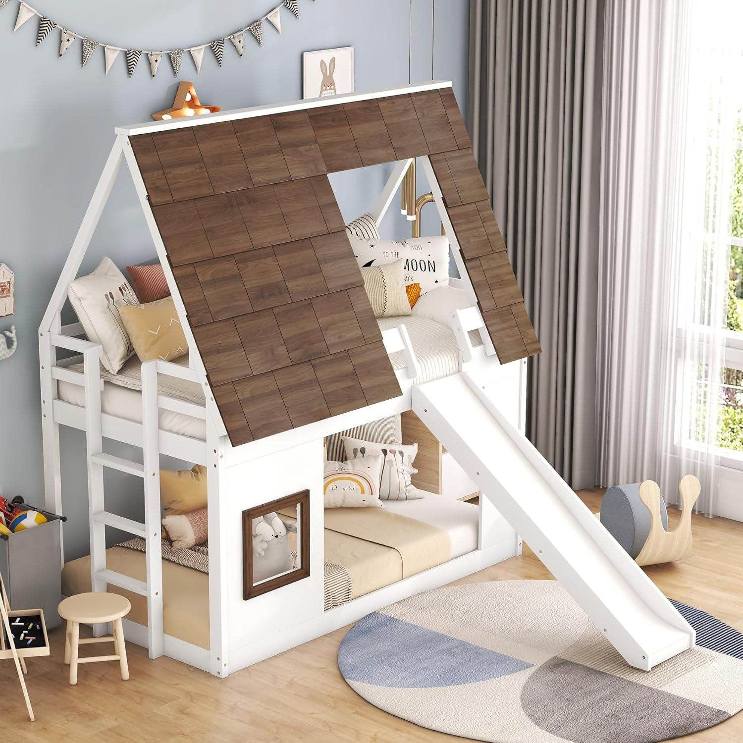 Bunk Bed Twin over Twin, Bunk Bed with Slides and Stairs, House Bunk Bed with Roof, Twin Bunk Bed for Kids, Teens, Kids Bunk Beds, White+Brown - Loft&Timber