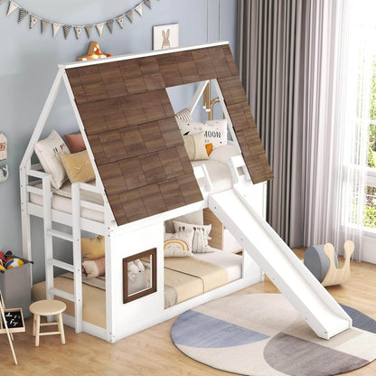 Bunk Bed Twin over Twin, Bunk Bed with Slides and Stairs, House Bunk Bed with Roof, Twin Bunk Bed for Kids, Teens, Kids Bunk Beds, White+Brown - Loft&Timber