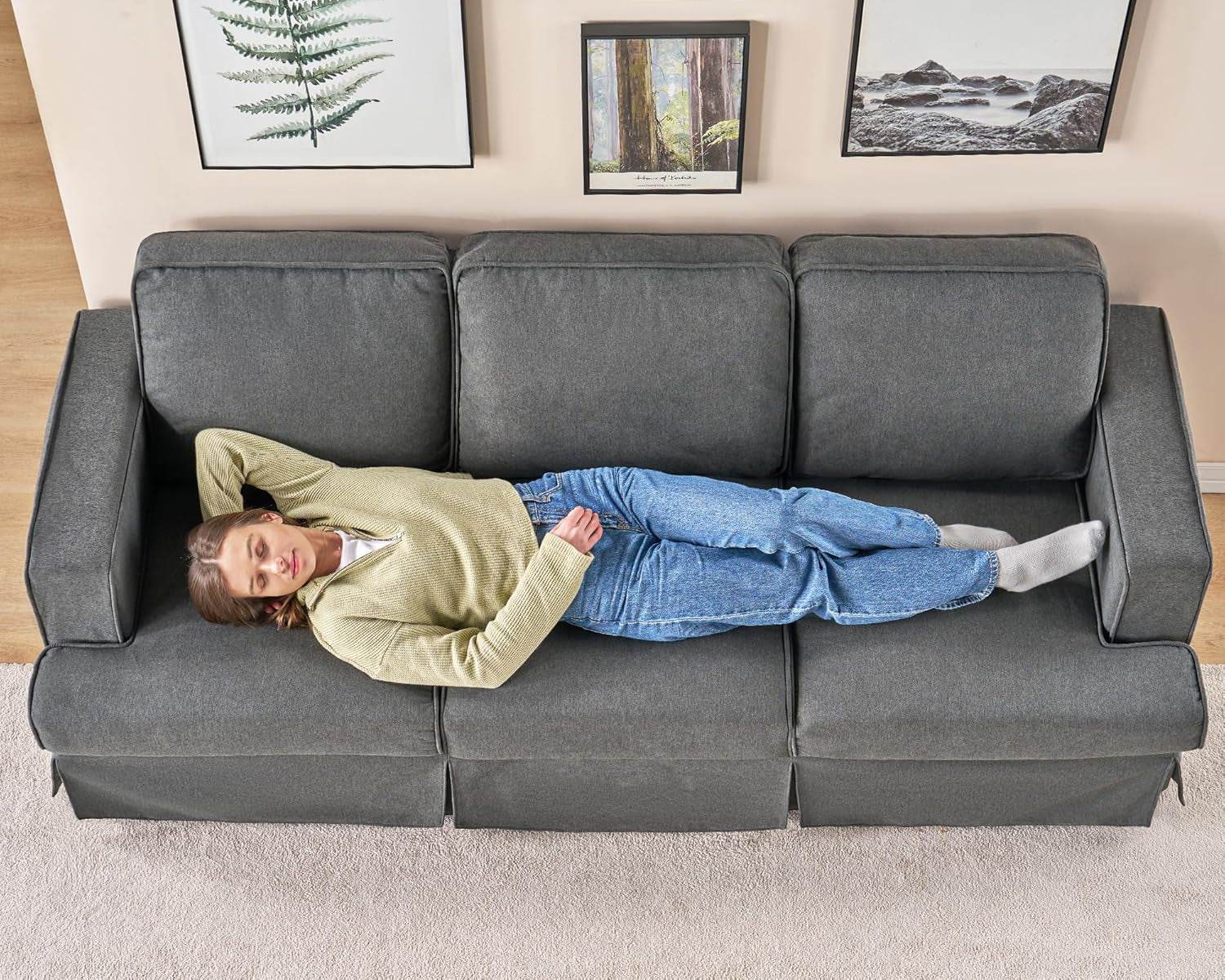 Modern Sofa, 89 Inch Slipcovered Sofa, 3 Seater Sofa Comfy Couch for Living Room Office, Linen Grey Oversized Couch - Loft&Timber