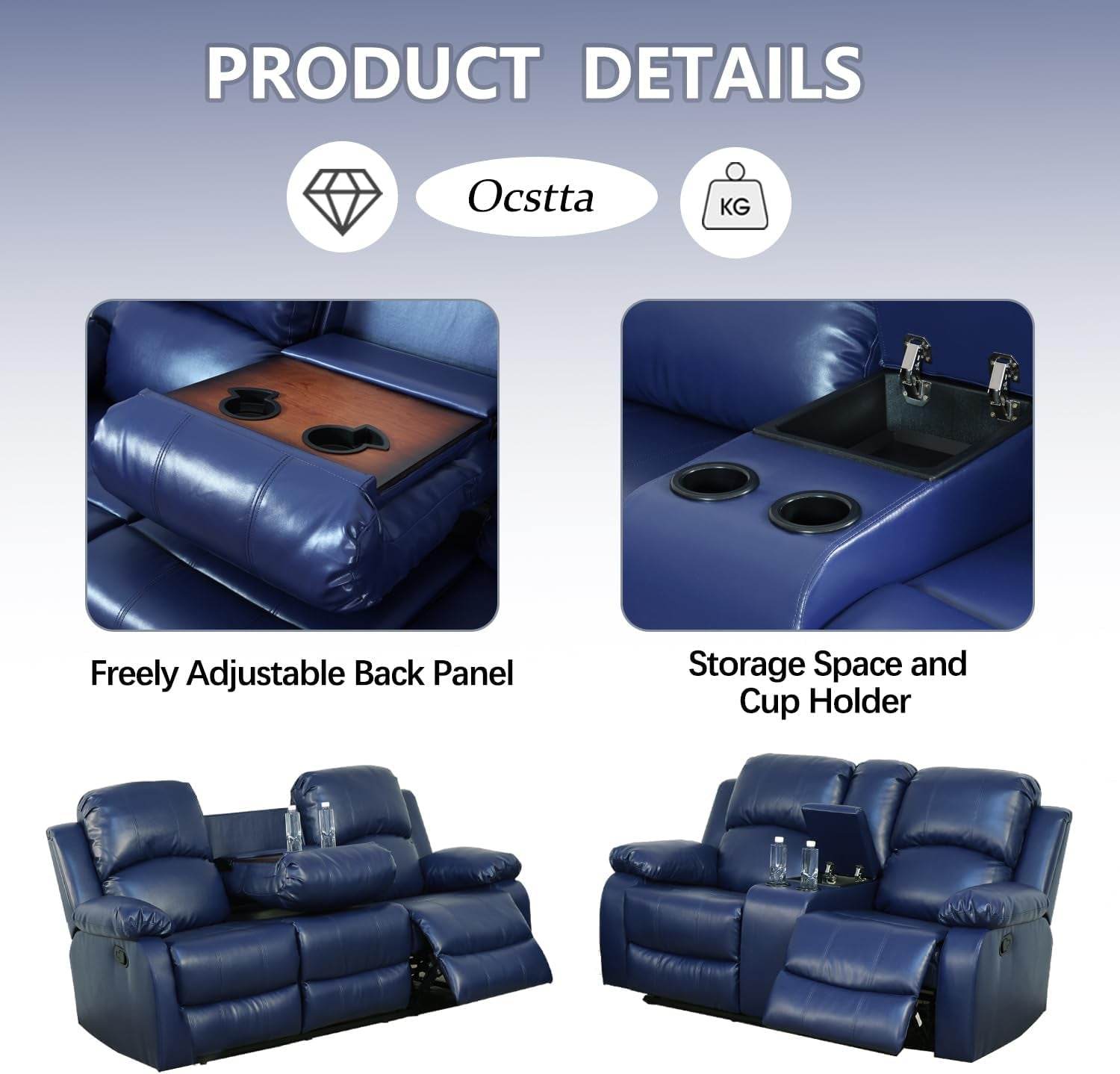 Manual Leather Recliner Sofa Set for Living Room Furniture Set for 3-Pieces(Sofa+Loveseat+Chair) Blue - Loft&Timber