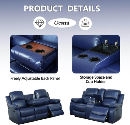 Manual Leather Recliner Sofa Set for Living Room Furniture Set for 3-Pieces(Sofa+Loveseat+Chair) Blue - Loft&Timber