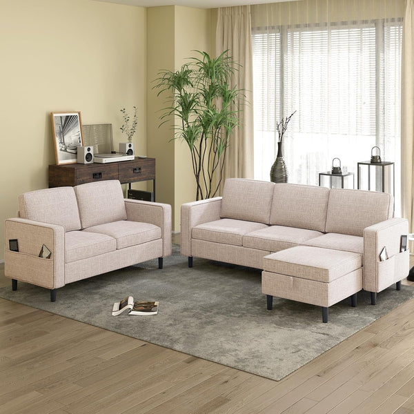 2 Piece Sofa Set, Sofa and Loveseat Sets for Living Room, L Shape Sectional Sofa with Chaise, 3 Seater Convertible Sectional Sofa Couch for Apartment-0