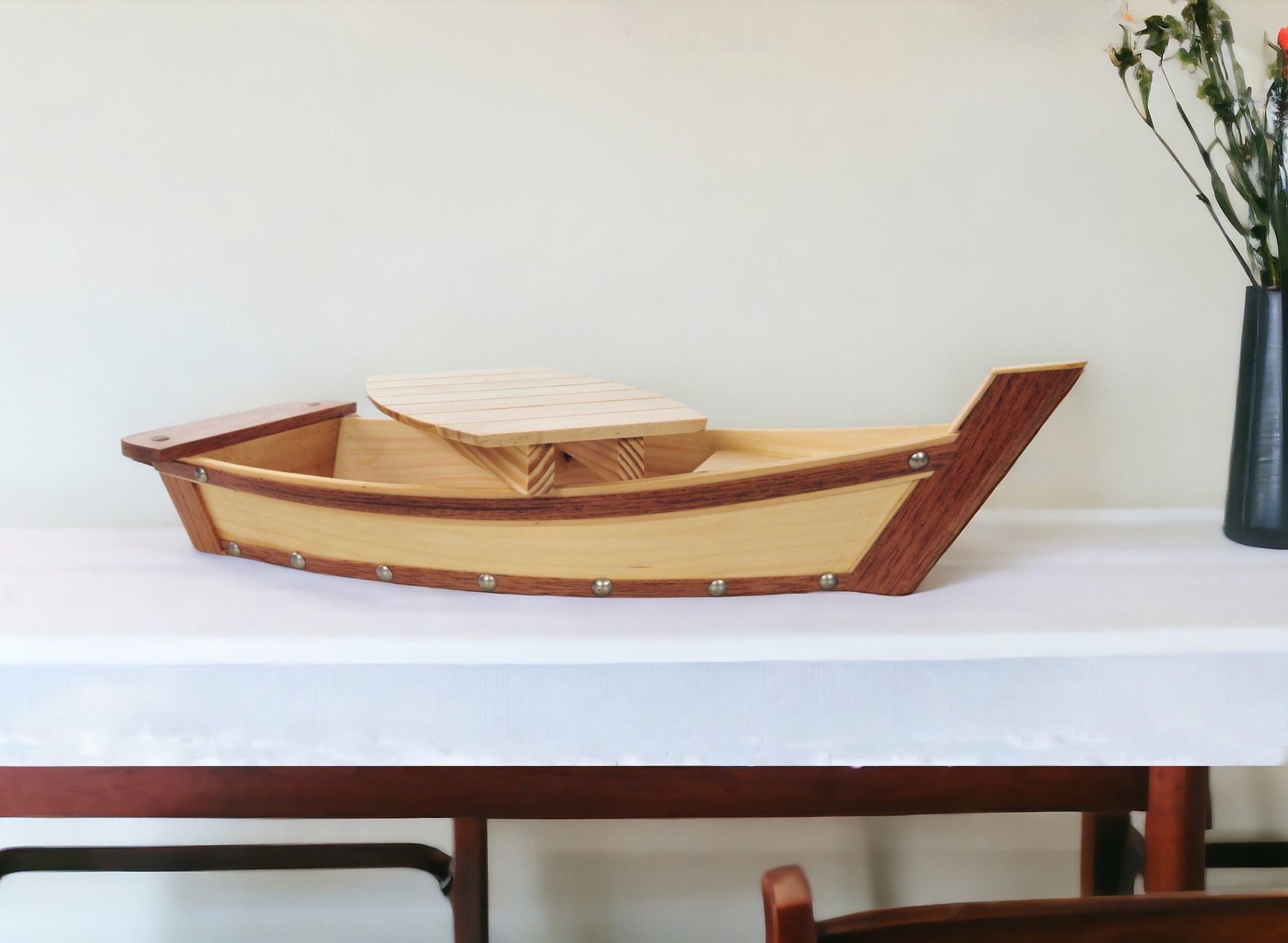 17" Natural and Brown Wood Sushi Boat Serving Tray - Loft&Timber
