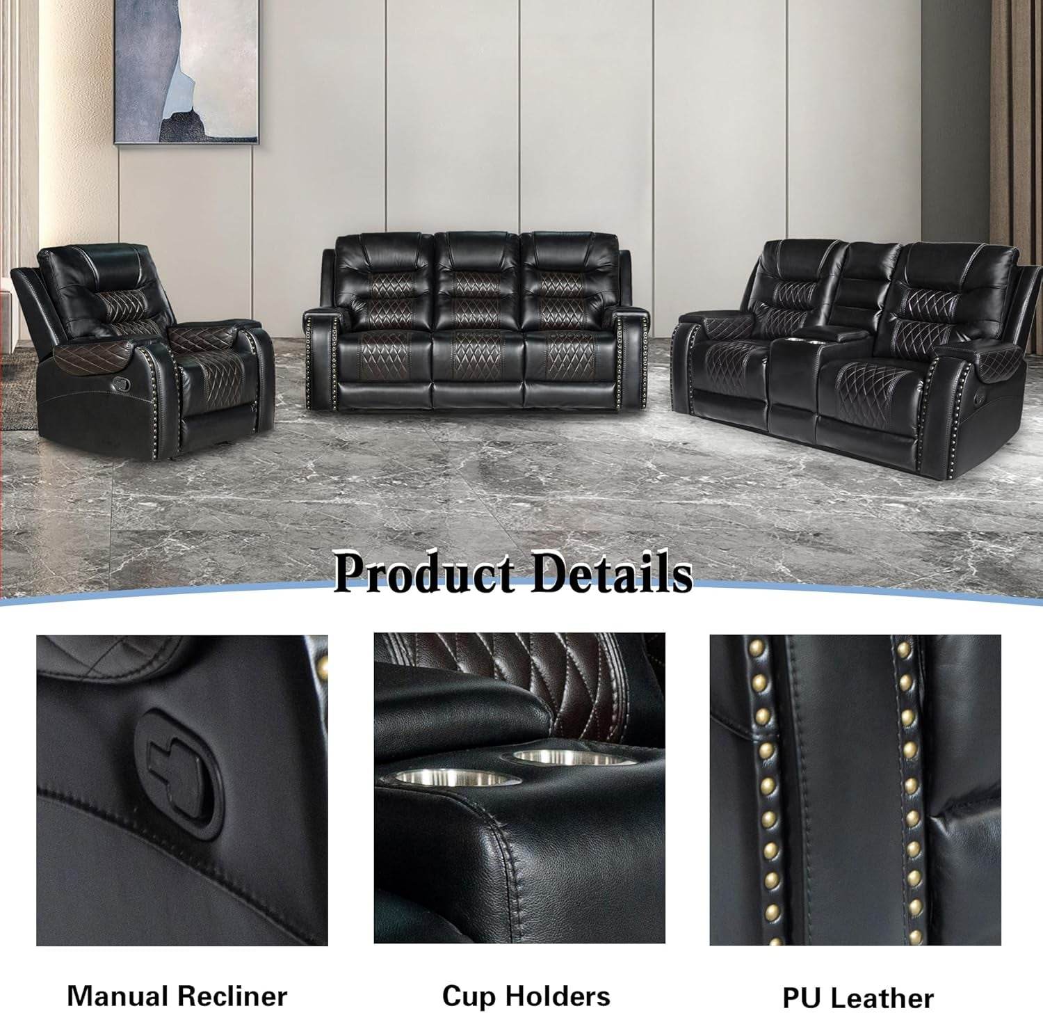 PU Leather Sofa Set, 3 Pieces in Black - Loft&Timber