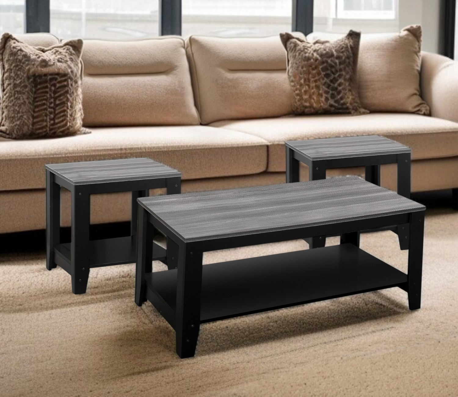 Set of Three 42" Gray And Black Coffee Table With Shelf - Loft&Timber