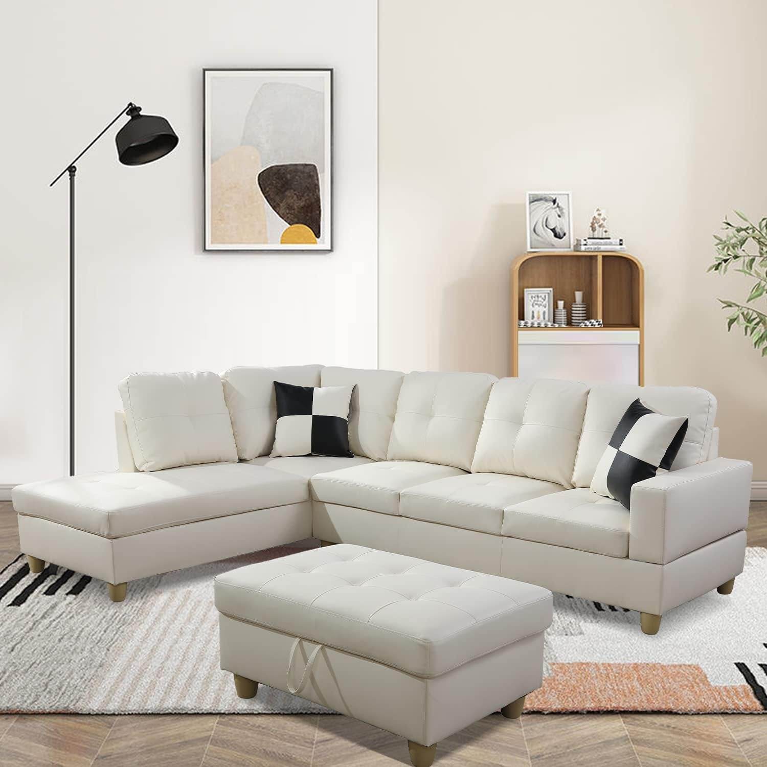 Ponliving Furniture Modern L-Shaped Leather Sectional Sofa Left Hand Facing (White) - Loft&Timber