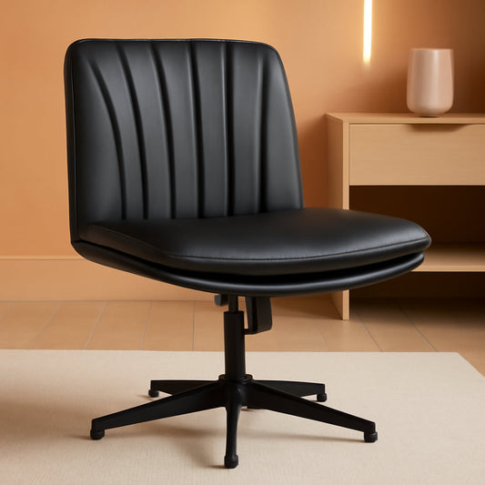 Criss Cross Legged Office Chair,Armless Office Desk Chair No Wheels,Pu Leather Modern Swivel Vanity Chair,Height Adjustable Wide Seat Mid Back Computer Task Chair for Home Office-0