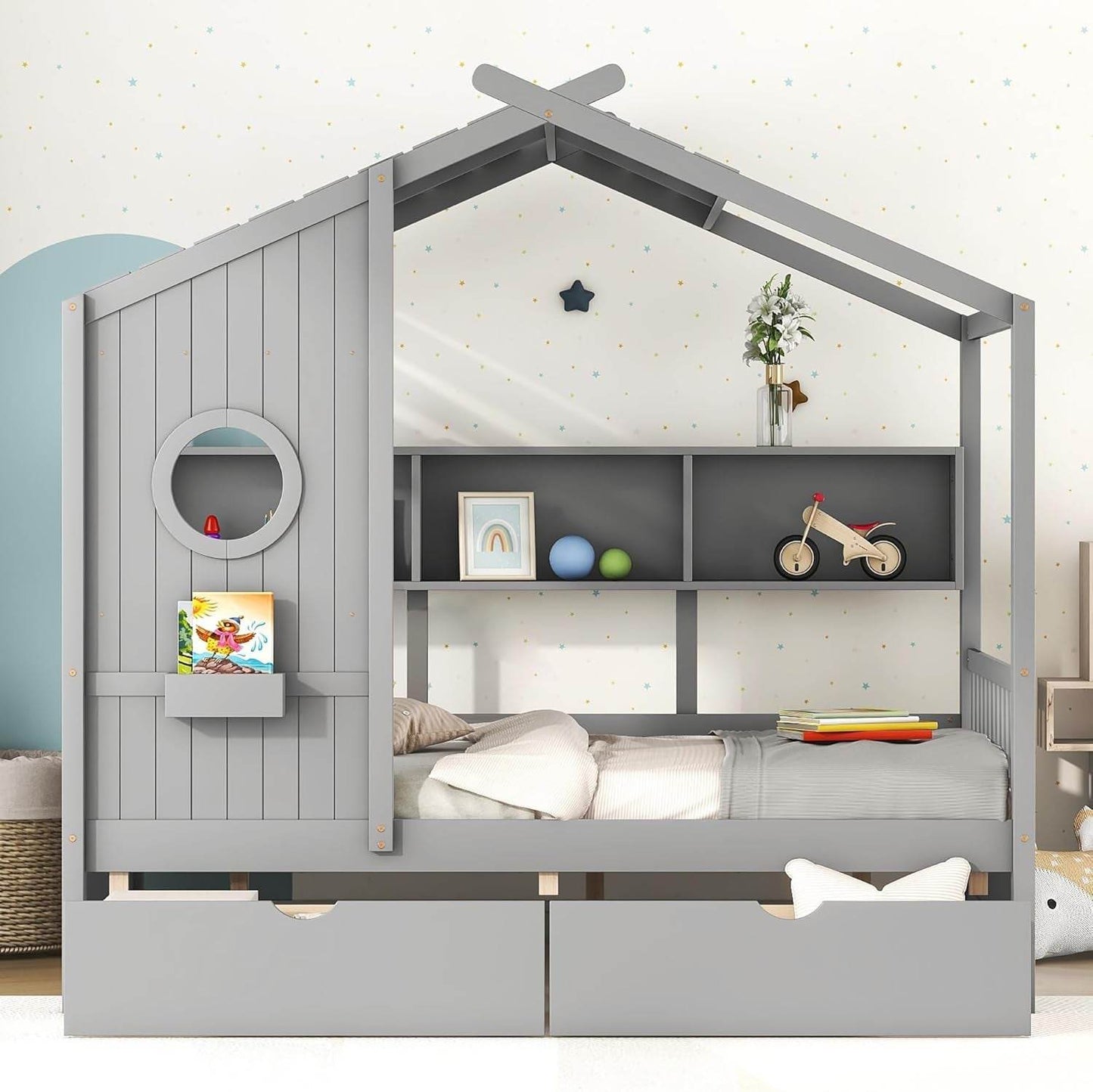 Kids Full Playhouse Bed with Drawers Shelves - Loft&Timber