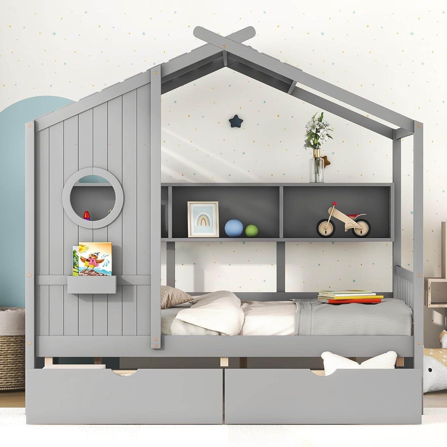 Kids Full Playhouse Bed with Drawers Shelves - Loft&Timber