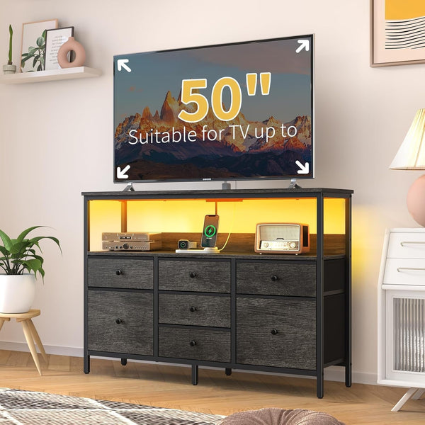 TV Stand Dresser for Bedroom, 7 Fabric Drawers Entertainment Center, LED Dressers with Power Outlets, TV Stands for Living Room with Storage Shelf, TV Console Entertainment Stand up to 50" TV-1