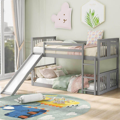 Montessori Floor Bunk Bed Twin over Twin, Twin Bunk Bed with Slide and Ladder, Kids Bunk Beds with Guardrail Headboard and Footboard, Low Bunk Beds for Kids, Boys, Girls, Twin Bunk Bed Gray - Loft&Timber