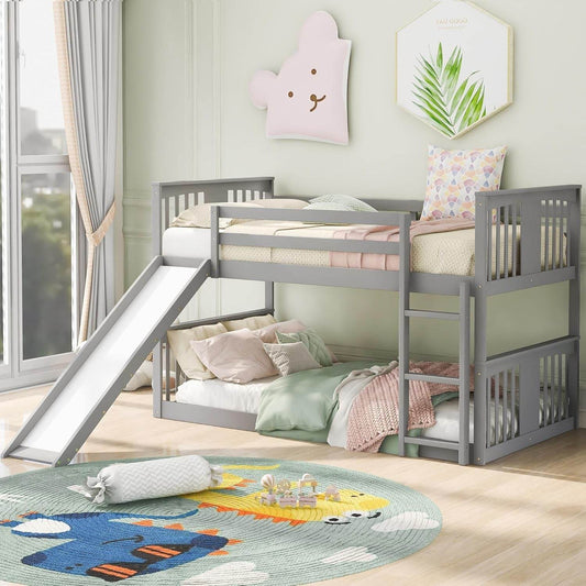 Montessori Floor Bunk Bed Twin over Twin, Twin Bunk Bed with Slide and Ladder, Kids Bunk Beds with Guardrail Headboard and Footboard, Low Bunk Beds for Kids, Boys, Girls, Twin Bunk Bed Gray - Loft&Timber