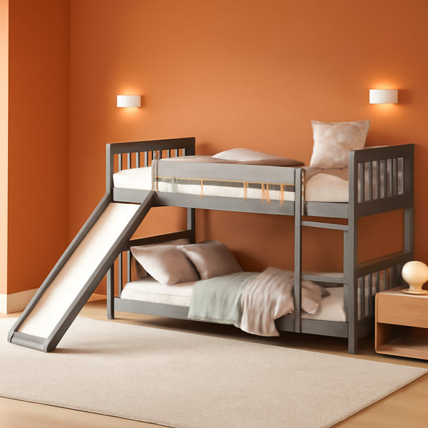 Twin Over Twin Bunk Bed With Slide In Gray For Kids-0