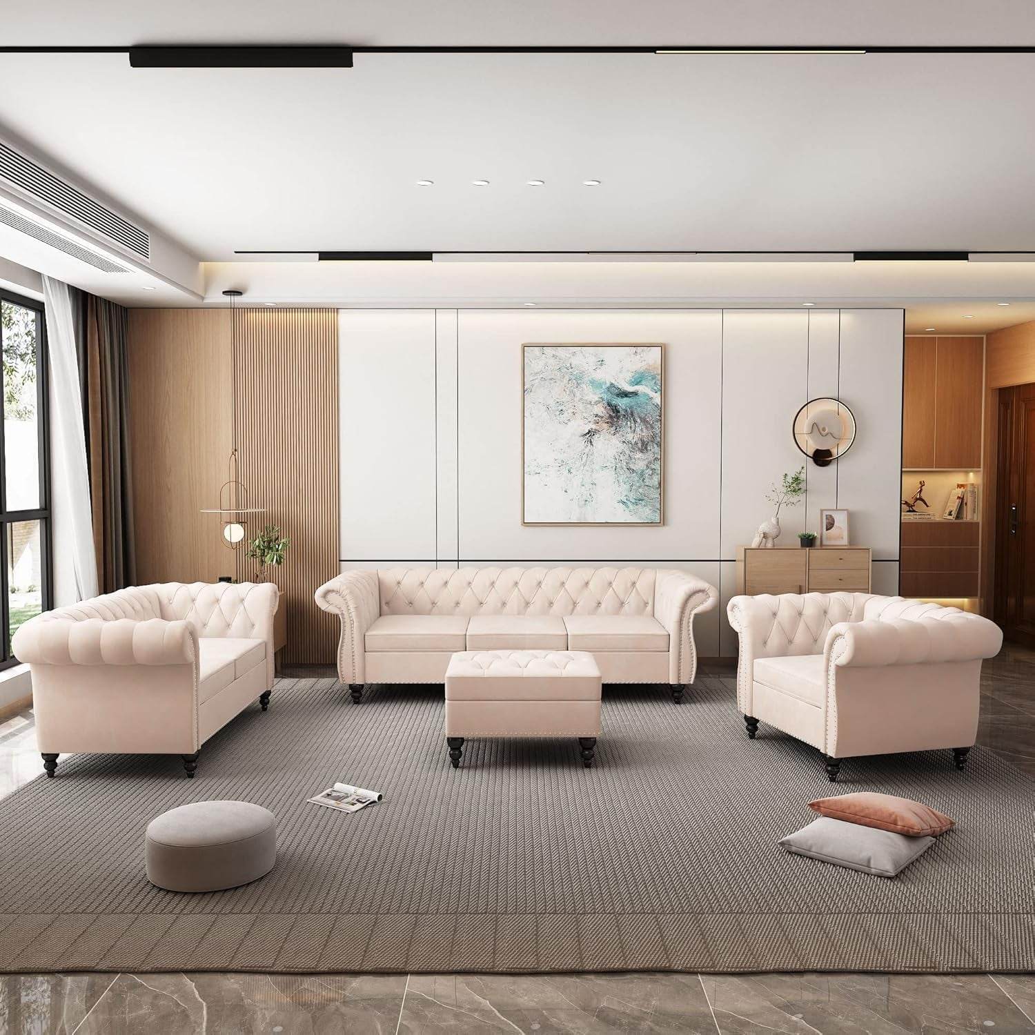 3-Piece Living Room Sectional Sofa Set, Upholstered Sofa Modern Sofa Couches Set Style Button Tufted, Velvet Chesterfield Sofa for Living Room Apartment, 1+2+3 Seat Beige - Loft&Timber