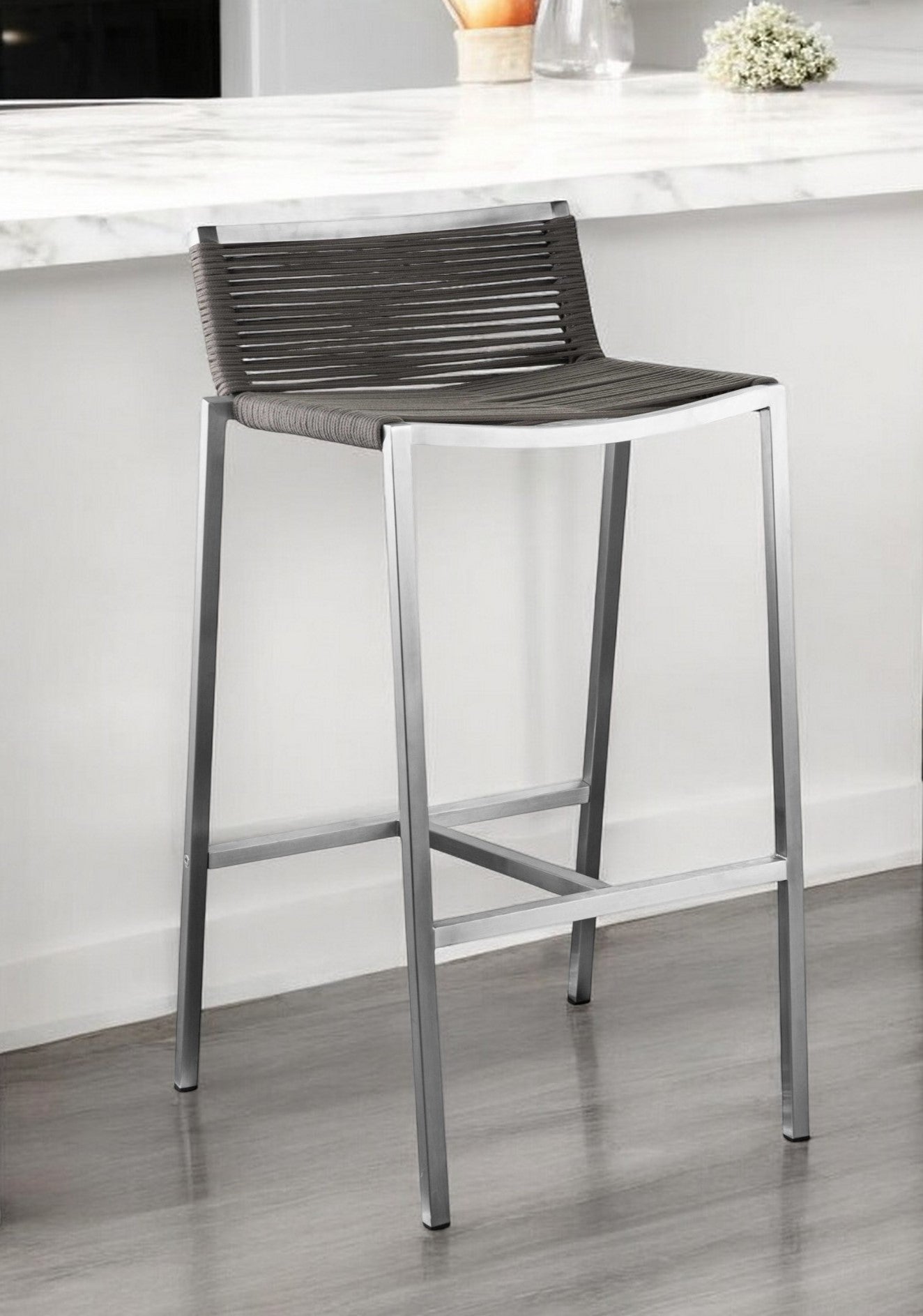 28" Brown And Silver Stainless Steel Low Back Bar Height Bar Chair - Loft&Timber