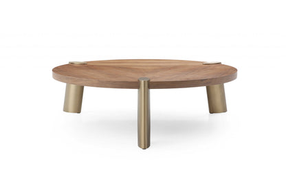 55" Brown and Gold Wood And Stainless Steel Round Coffee Table - Loft&Timber
