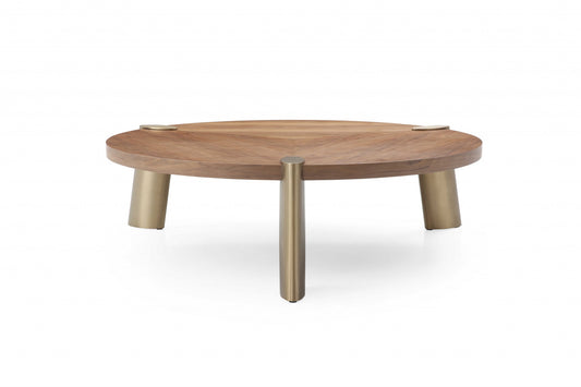 55" Brown and Gold Wood And Stainless Steel Round Coffee Table - Loft&Timber