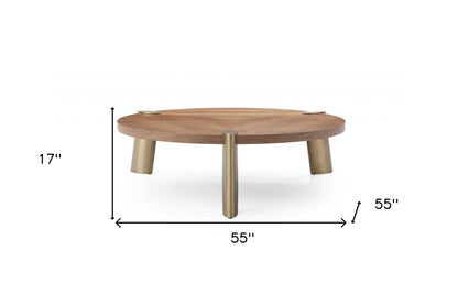 55" Brown and Gold Wood And Stainless Steel Round Coffee Table - Loft&Timber