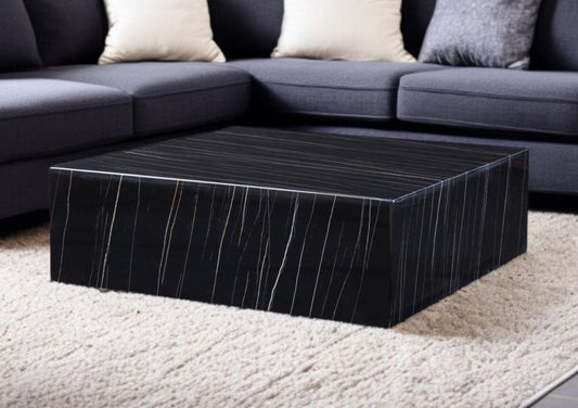 35" Black Genuine Marble And Brass Square Coffee Table - Loft&Timber