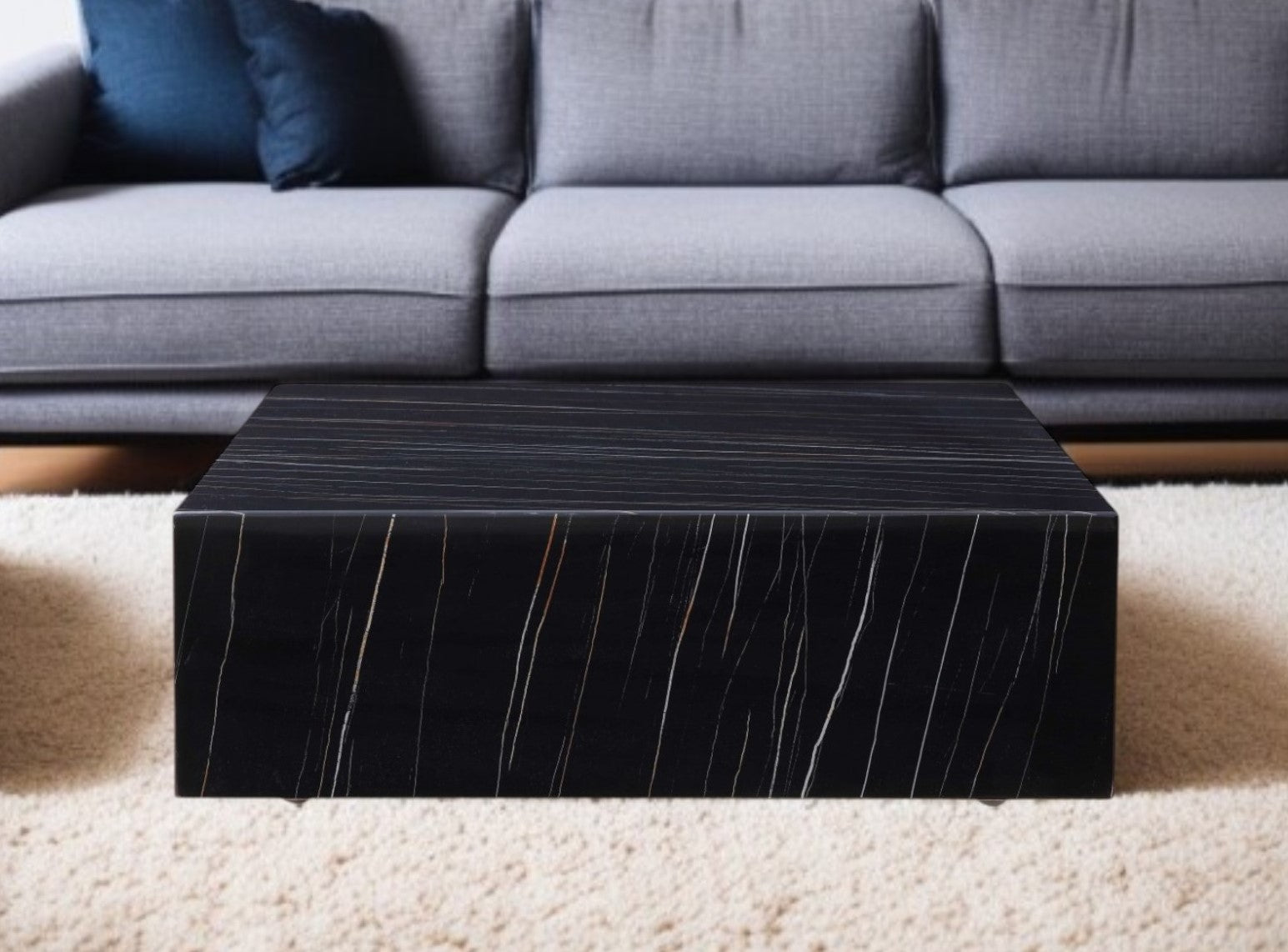 35" Black Genuine Marble And Brass Square Coffee Table - Loft&Timber