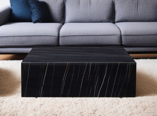 35" Black Genuine Marble And Brass Square Coffee Table - Loft&Timber