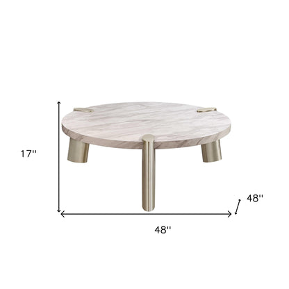 48" White and Silver Marble and Stainless Steel Round Coffee Table - Loft&Timber