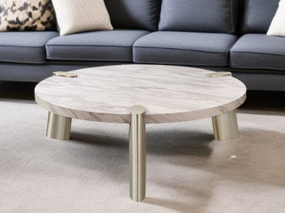 48" White and Silver Marble and Stainless Steel Round Coffee Table - Loft&Timber