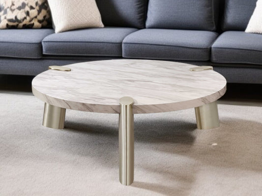 48" White and Silver Marble and Stainless Steel Round Coffee Table - Loft&Timber
