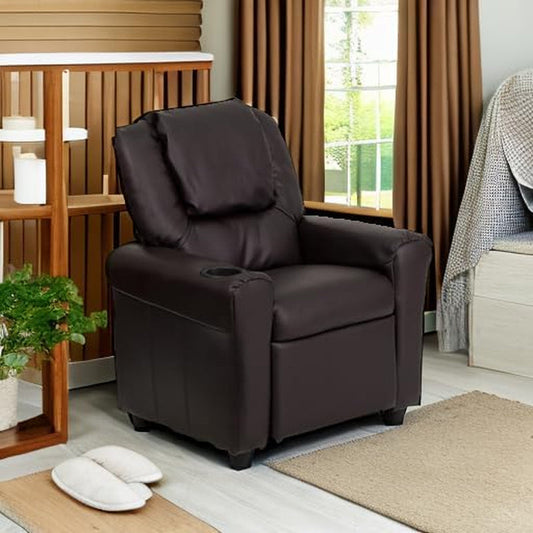 Vana Leathersoft Kids Recliner with Cup Holder, Headrest, and Safety Recline, Contemporary Reclining Chair for Kids, Supports up to 90 Lbs., Brown-1