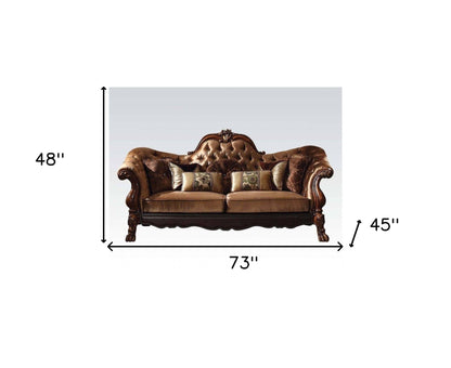 73" Dark Brown And Brown Velvet Loveseat and Toss Pillows - Loft&Timber