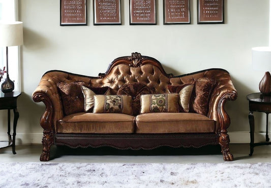 73" Dark Brown And Brown Velvet Loveseat and Toss Pillows - Loft&Timber