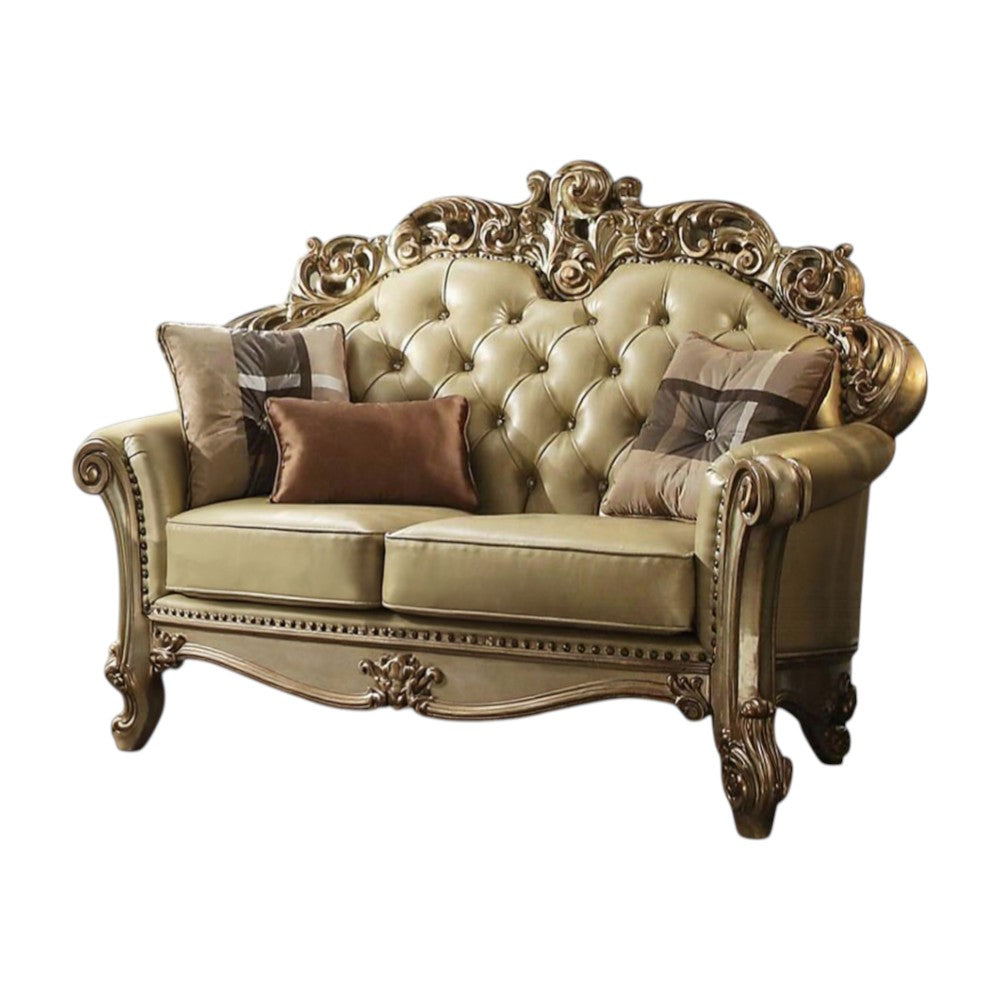 70" Bone And Gold Faux Leather Curved Loveseat - Loft&Timber