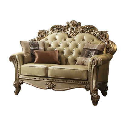 70" Bone And Gold Faux Leather Curved Loveseat - Loft&Timber