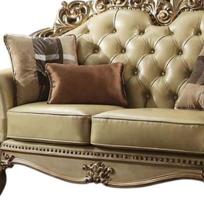 70" Bone And Gold Faux Leather Curved Loveseat - Loft&Timber