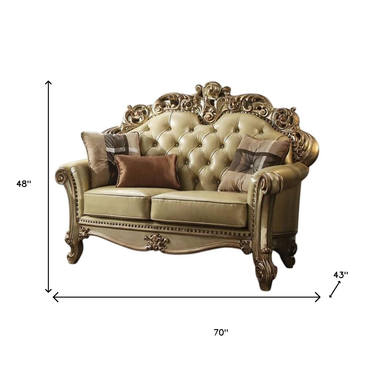 70" Bone And Gold Faux Leather Curved Loveseat - Loft&Timber