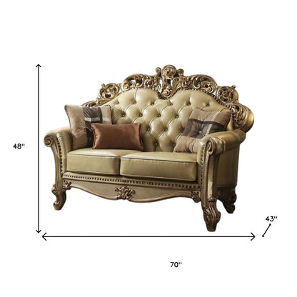 70" Bone And Gold Faux Leather Curved Loveseat - Loft&Timber
