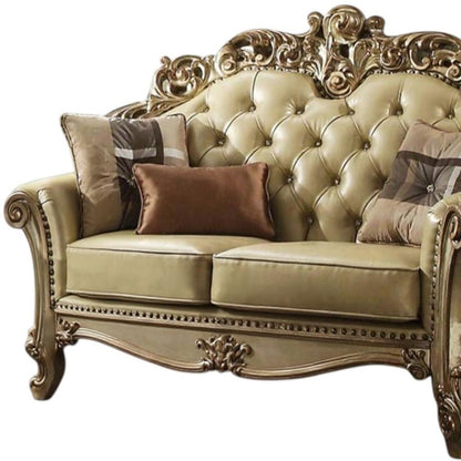 70" Bone And Gold Faux Leather Curved Loveseat - Loft&Timber