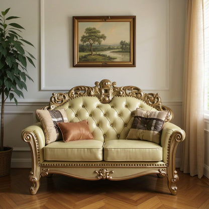 70" Bone And Gold Faux Leather Curved Loveseat - Loft&Timber