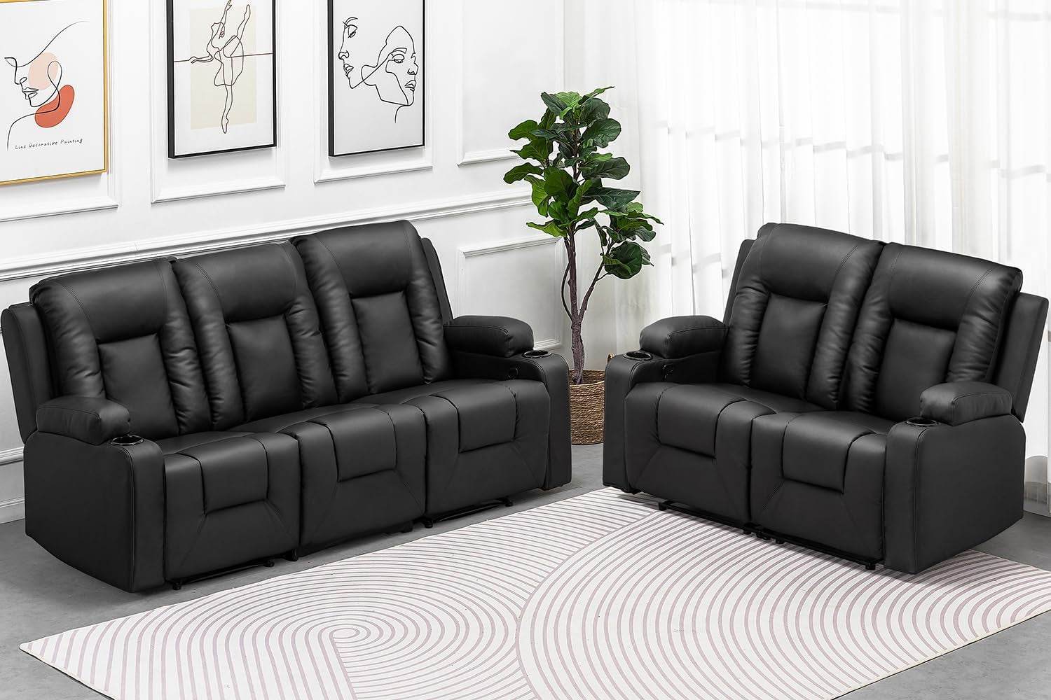 Recline Chair Set (Black,Living Room Set3+2） - Loft&Timber