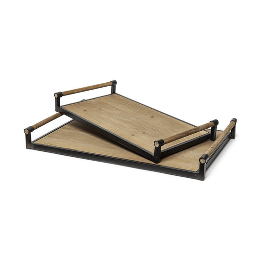 Set of Two Brown Wood Indoor Outdoor Serving Tray With Handles - Loft&Timber