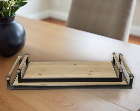 Set of Two Brown Wood Indoor Outdoor Serving Tray With Handles - Loft&Timber