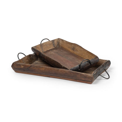 Set of Two Brown Rectangular Wood Indoor Outdoor Serving Tray With Handles - Loft&Timber