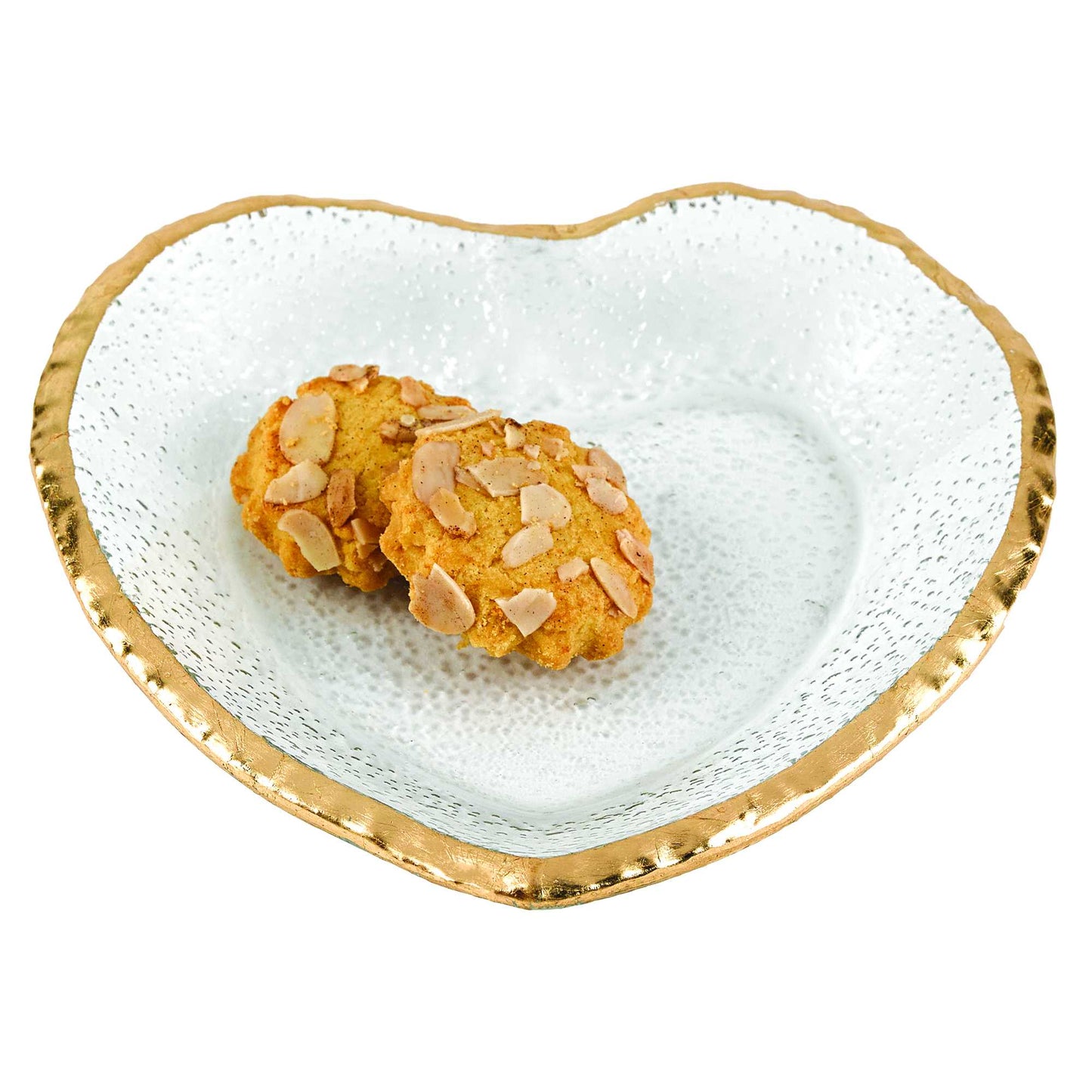 8" Mouth Blown Seeded Glass Heart Plate with Gold Rim - Loft&Timber