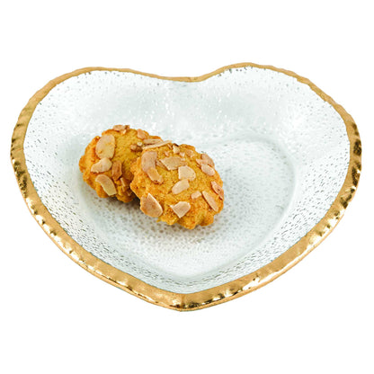8" Mouth Blown Seeded Glass Heart Plate with Gold Rim - Loft&Timber