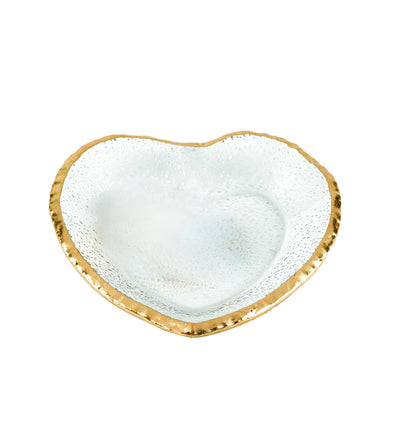 8" Mouth Blown Seeded Glass Heart Plate with Gold Rim - Loft&Timber