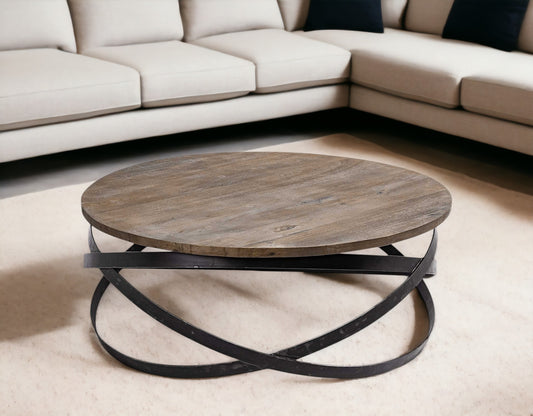 41" Brown and Black Solid Wood and Metal Round Coffee Table - Loft&Timber