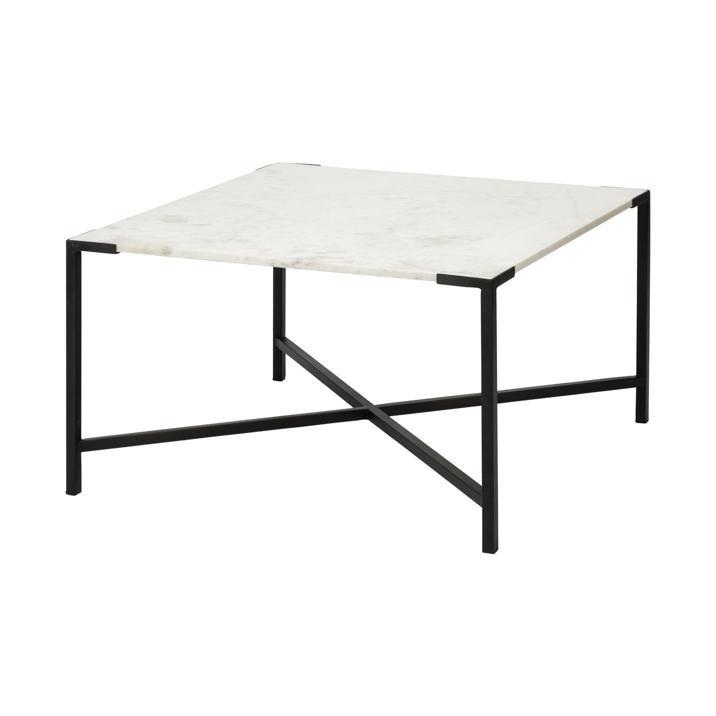 30" Black And White Genuine Marble and Metal Square Cross Legs Coffee Table - Loft&Timber